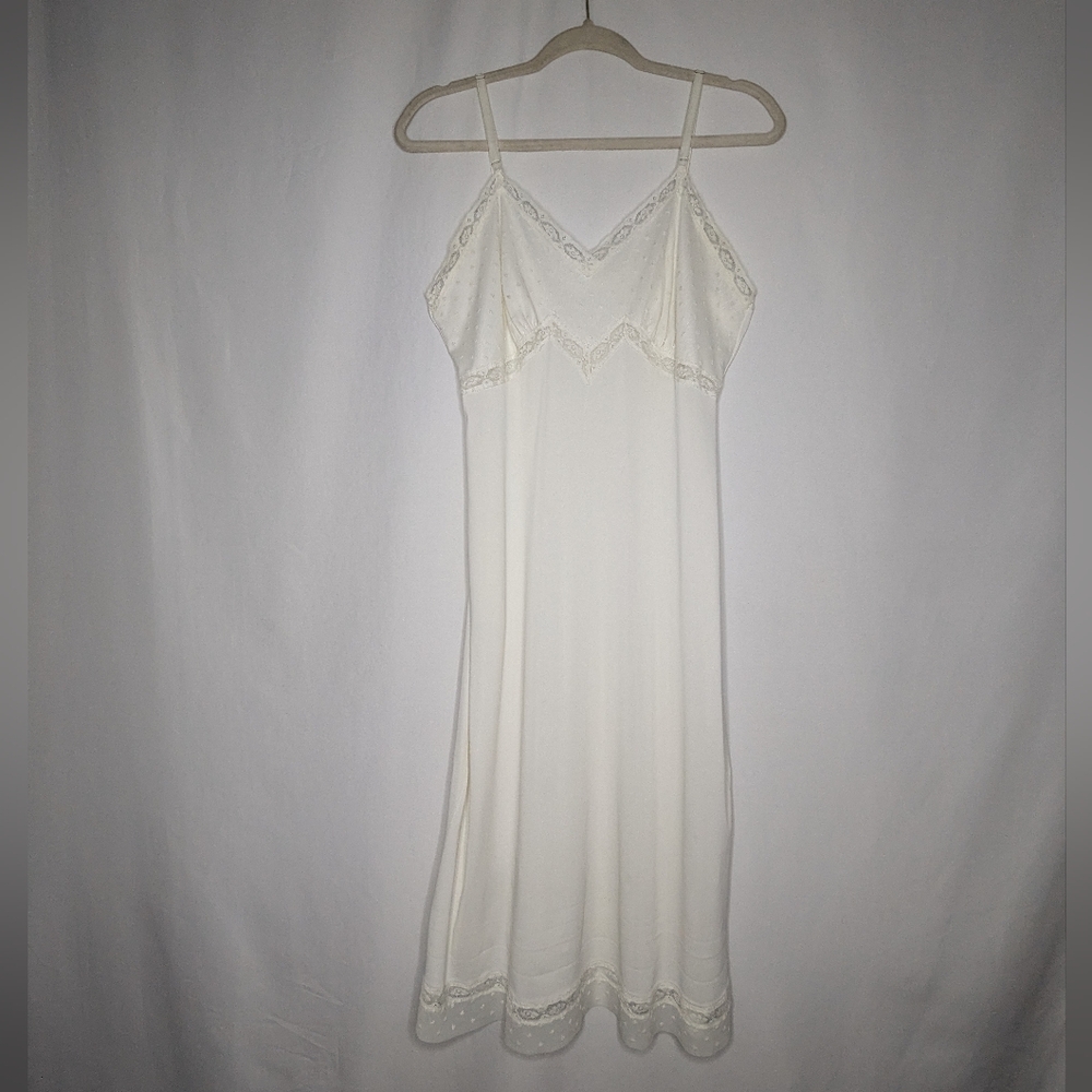 Womens White Sheer Vintage Floral Embroidered Slip Dress Nightgown M